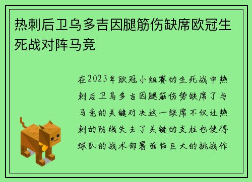 热刺后卫乌多吉因腿筋伤缺席欧冠生死战对阵马竞